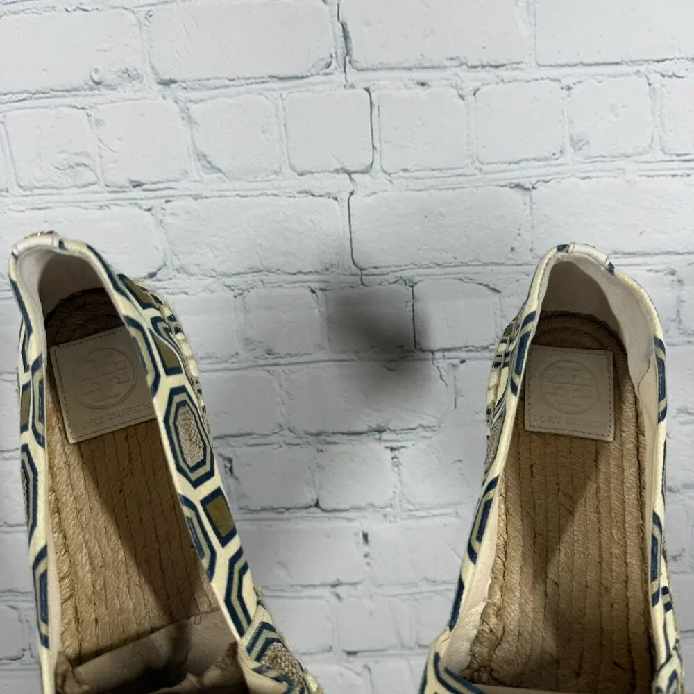 Tory Burch Espadrille Flats Size 11 Blue Gold Geometric Sequin Canvas Slip On